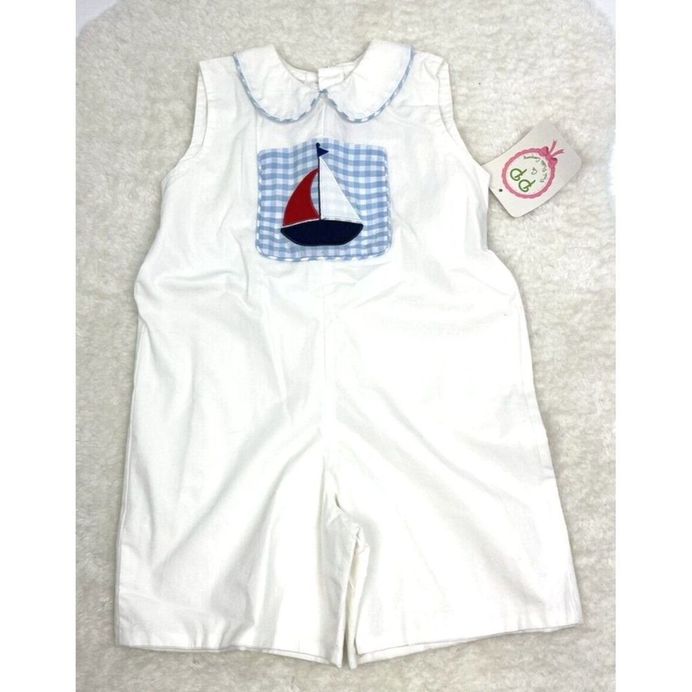 Posh Pickle Boys 3T Shortall White with Sailboat‎ Blue Gingham Trim NWT Lined